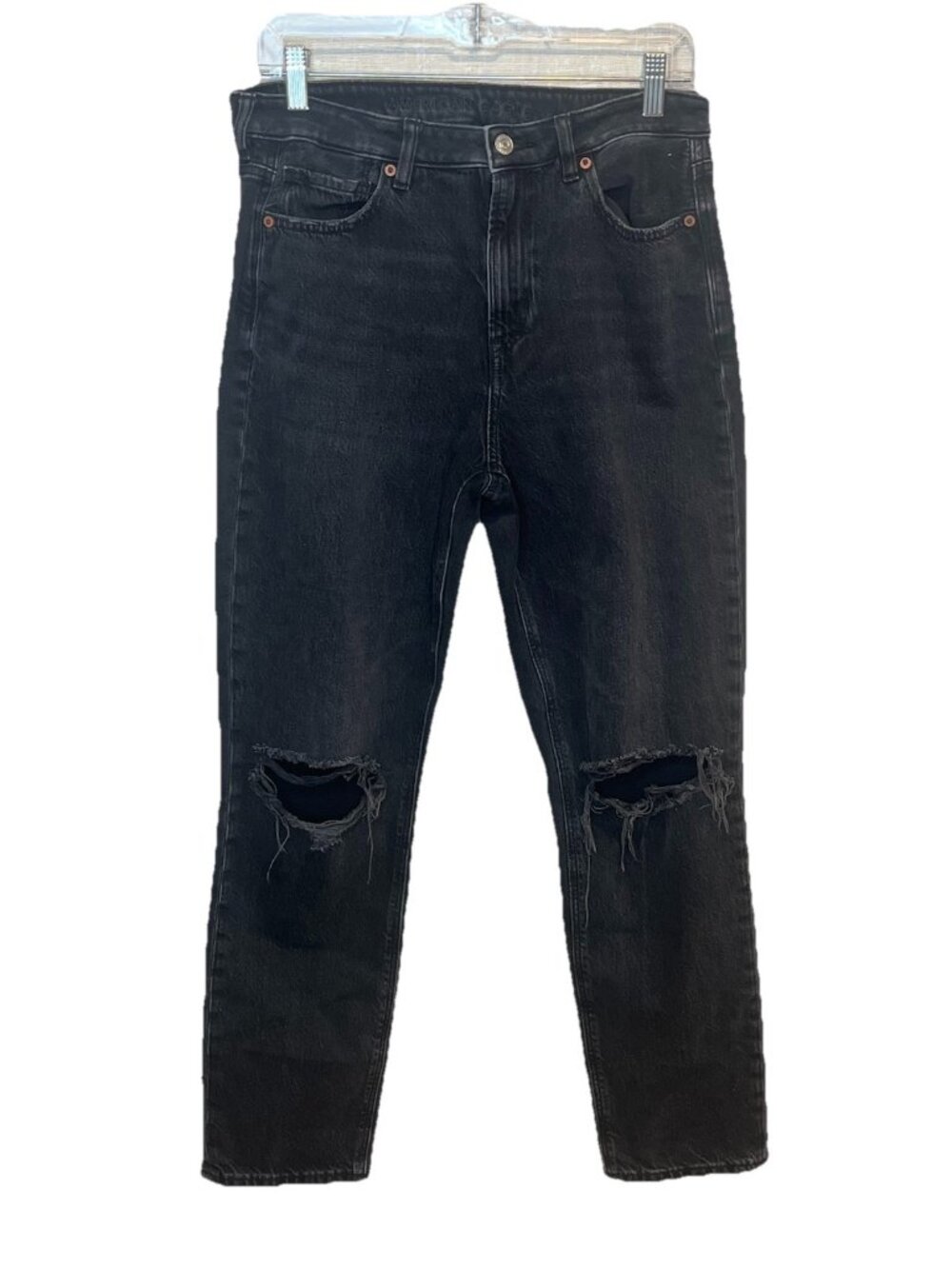 American Eagle Strigid Mom Jeans Womens 10 Black Ripped Distressed High Rise